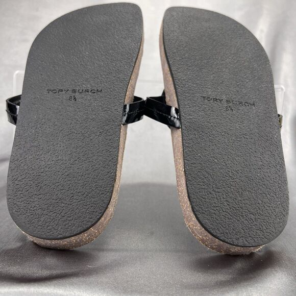 Tory Burch Miller Cloud Patent Sandals Women’s 8.5 Black Cork Thong School Shoes - Picture 12 of 14